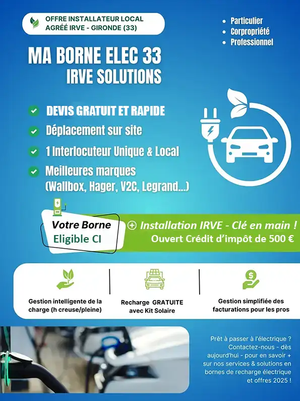 Installation IRVE borne de recharge électrique à Eysines (33320) certifiée IRVE et à prix optimisé