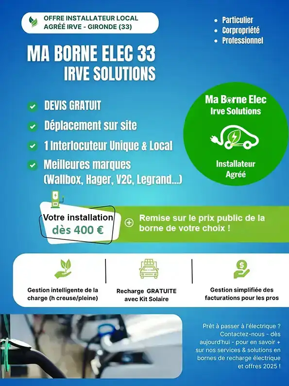 meilleur prix offre installation dès 400 € à Bruges de votre borne de recharge électrique avec Ma Borne Elec - Irve 33